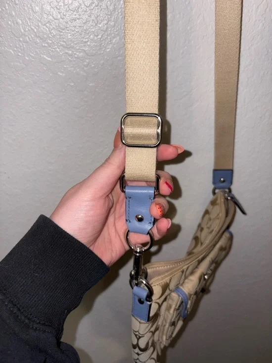 Coach Tan Signature Canvas Crossbody with Blue Trim - Picture 2 of 4